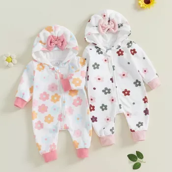 Baby Bear-Ear Floral Fleece Jumpsuit for Winter