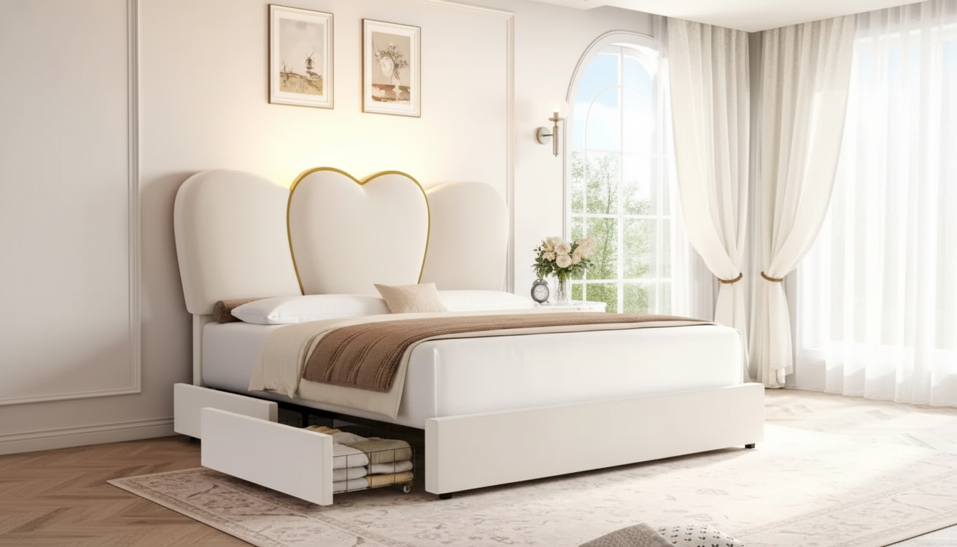Queen Velvet LED Bed Frame: Heart Headboard + 4 Drawers