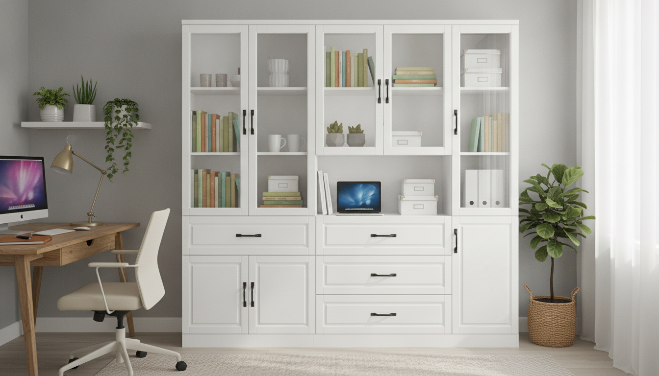 2-Piece Glass-Door Storage Cabinets for a Tidy Home Office