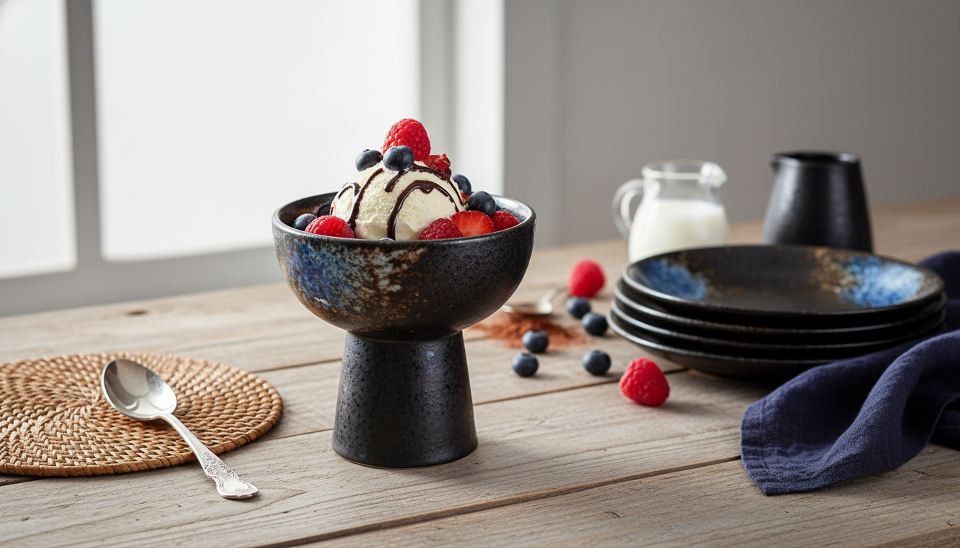 Black High-Foot Ceramic Dessert Bowl for Ice Cream