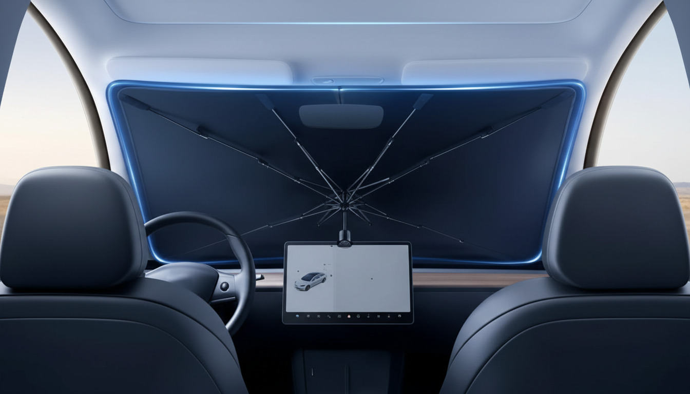 Foldable Windshield Sunshade w/ Bendable Handle (Tesla)
