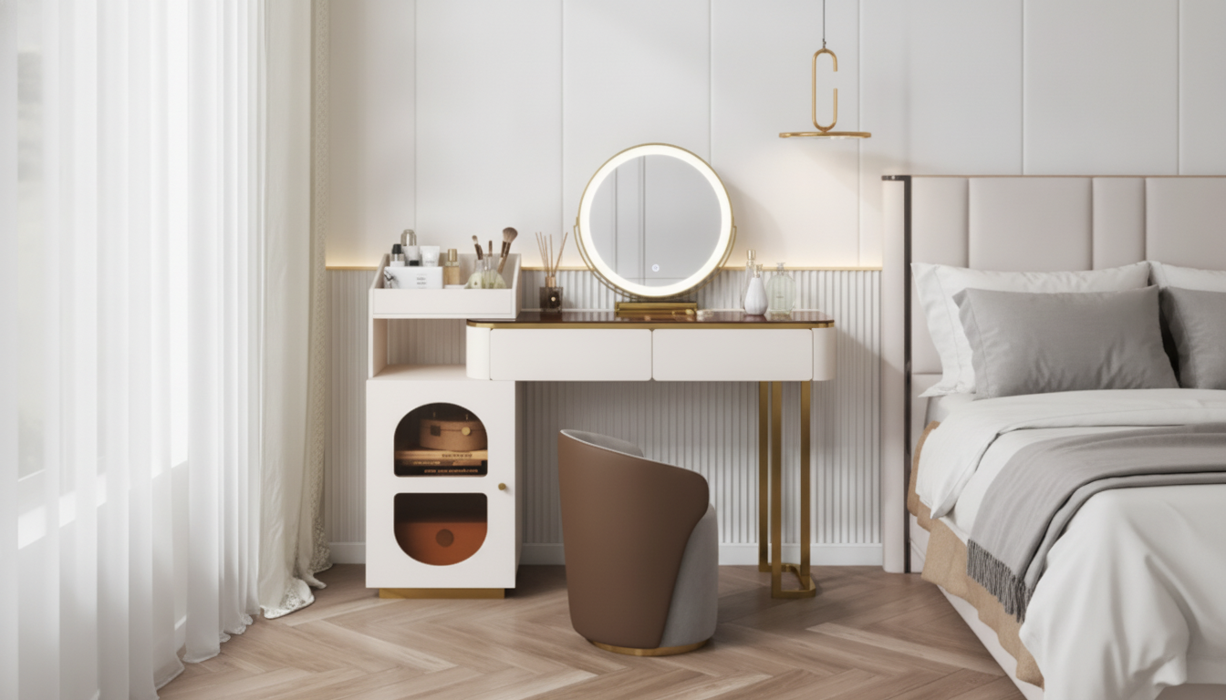 Modern Vanity Set with Mirror, Stool & Storage Drawers