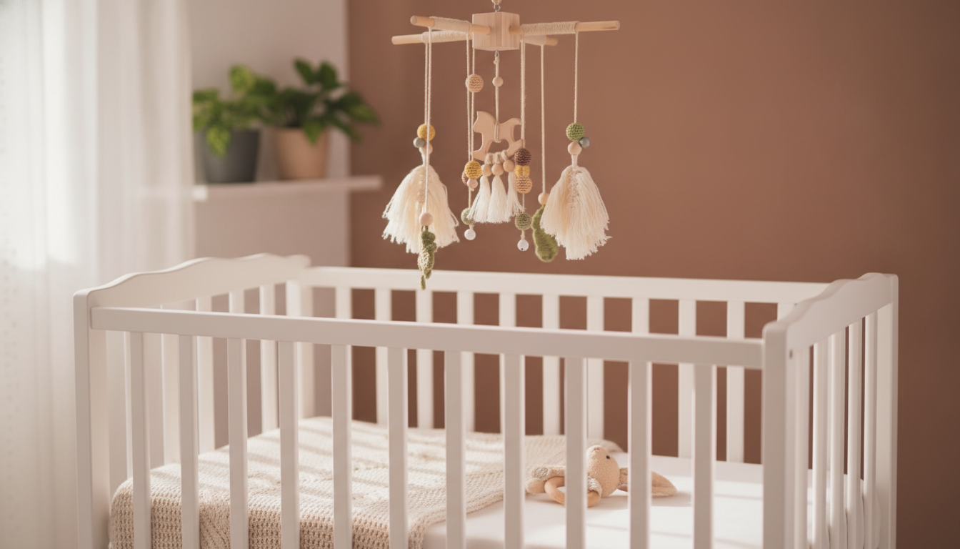 Rainbow Wooden Crib Mobile with Rattles: Safe, Calm Decor
