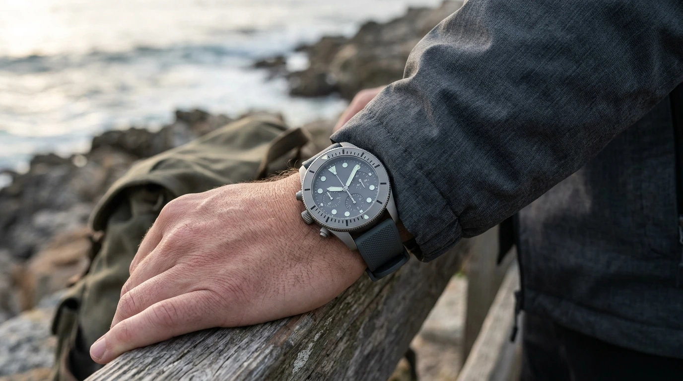 Grey Men’s Diver Watch: Chronograph & Rotating Bezel