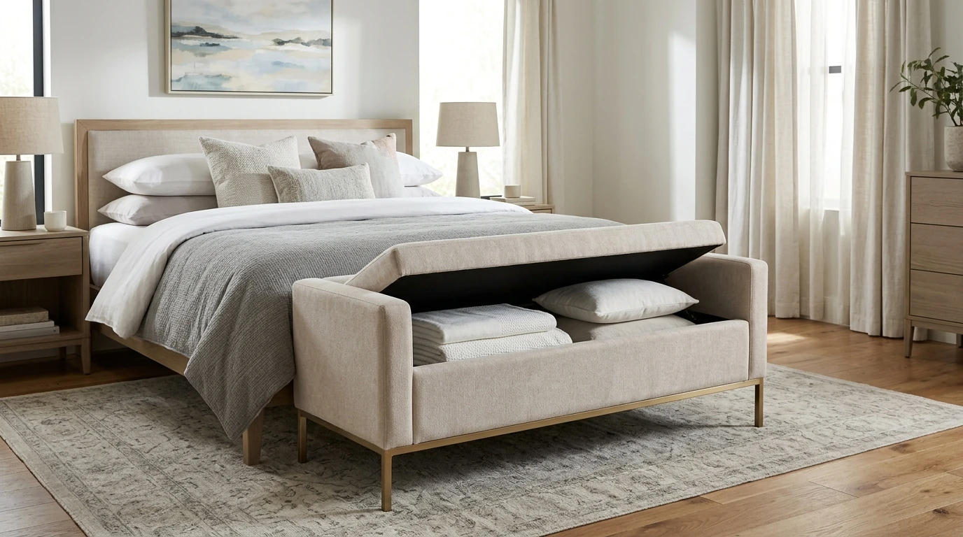 Extra-Long Storage Bench with Arms & Gold Legs (King)