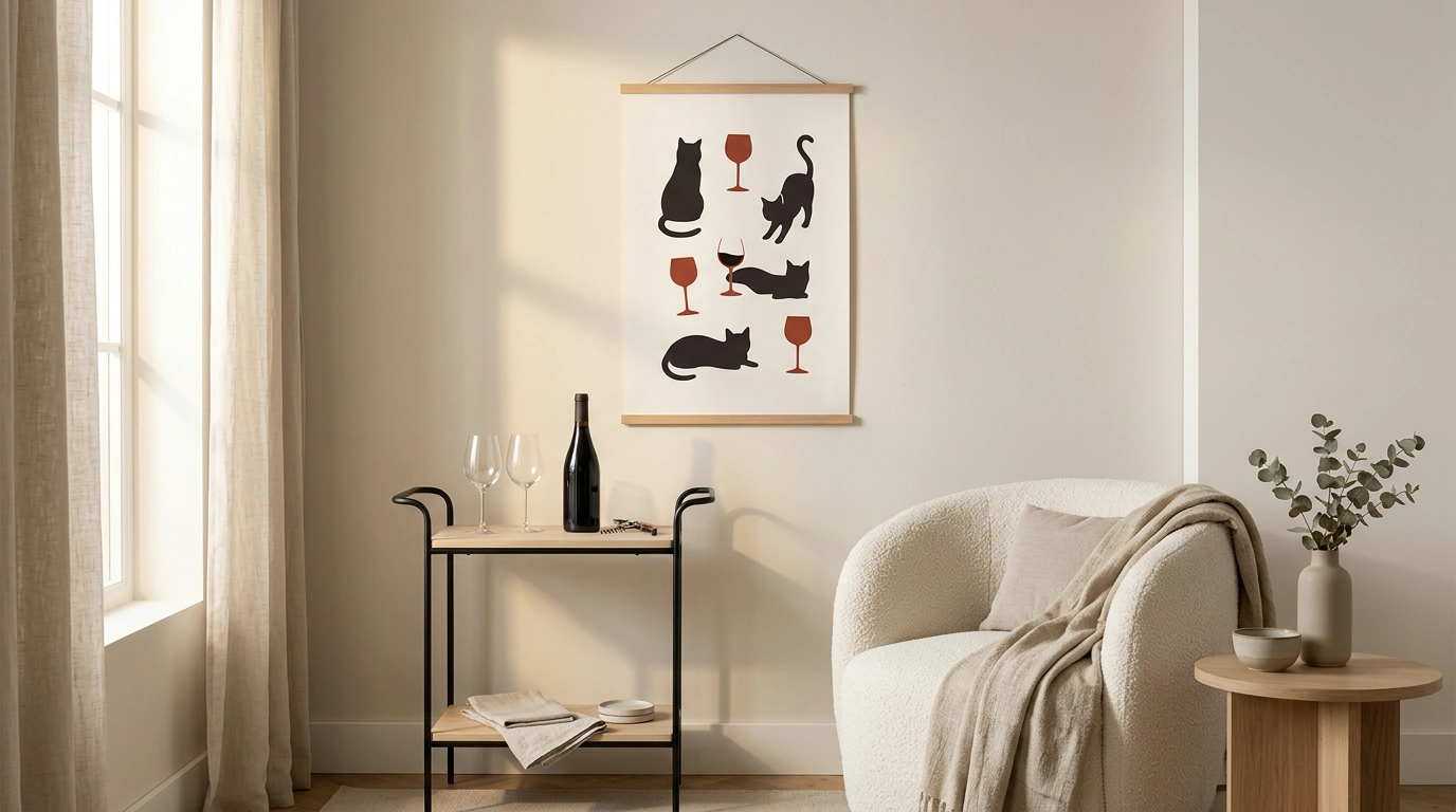 Frameless Cat & Red Wine Poster for Minimalist Living Rooms