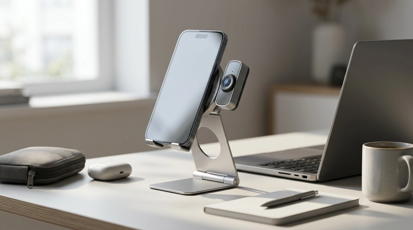 Magnetic Foldable iPhone Stand + Detachable Webcam Mount