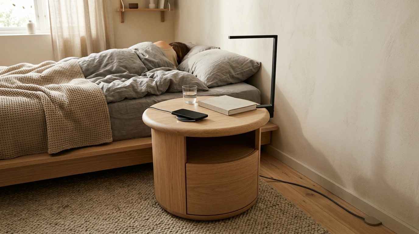 Round Smart Nightstands for a Calm Nordic Bedroom