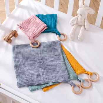 Cotton Soothing Towel + Crochet Wood Ring for Teething
