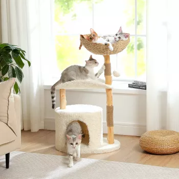 Modern Wooden Cat Tree Tower: Wicker Basket + Condo